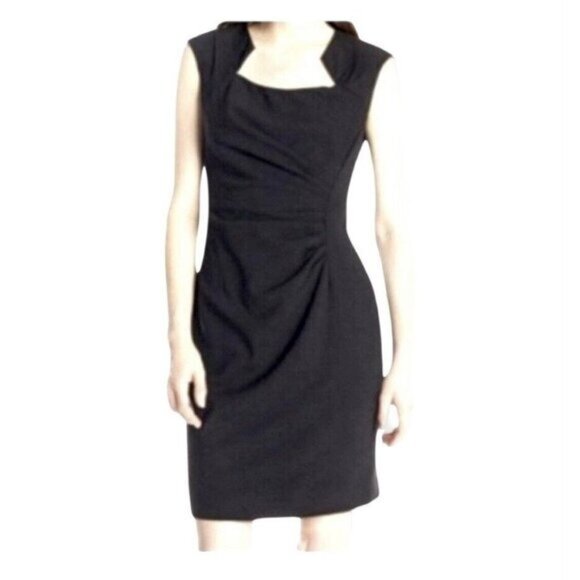 Calvin Klein Sleeveless Horseshoe Neckline Black Ruched Woven Dress Size 6 - Picture 1 of 8